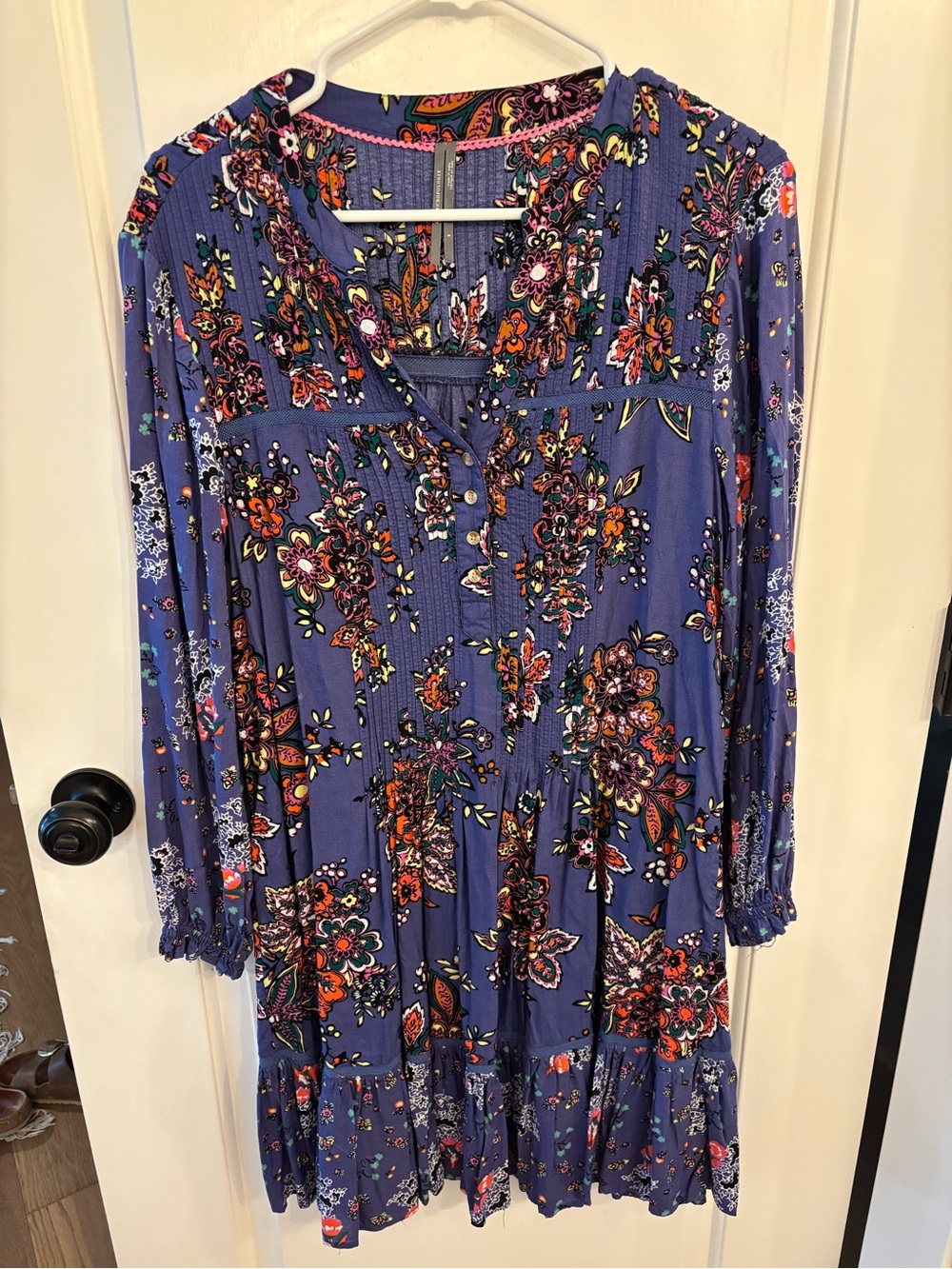 Anthropologie Blue Floral Pin-tucked Ruffled Mini-Dress - Picture 3 of 6
